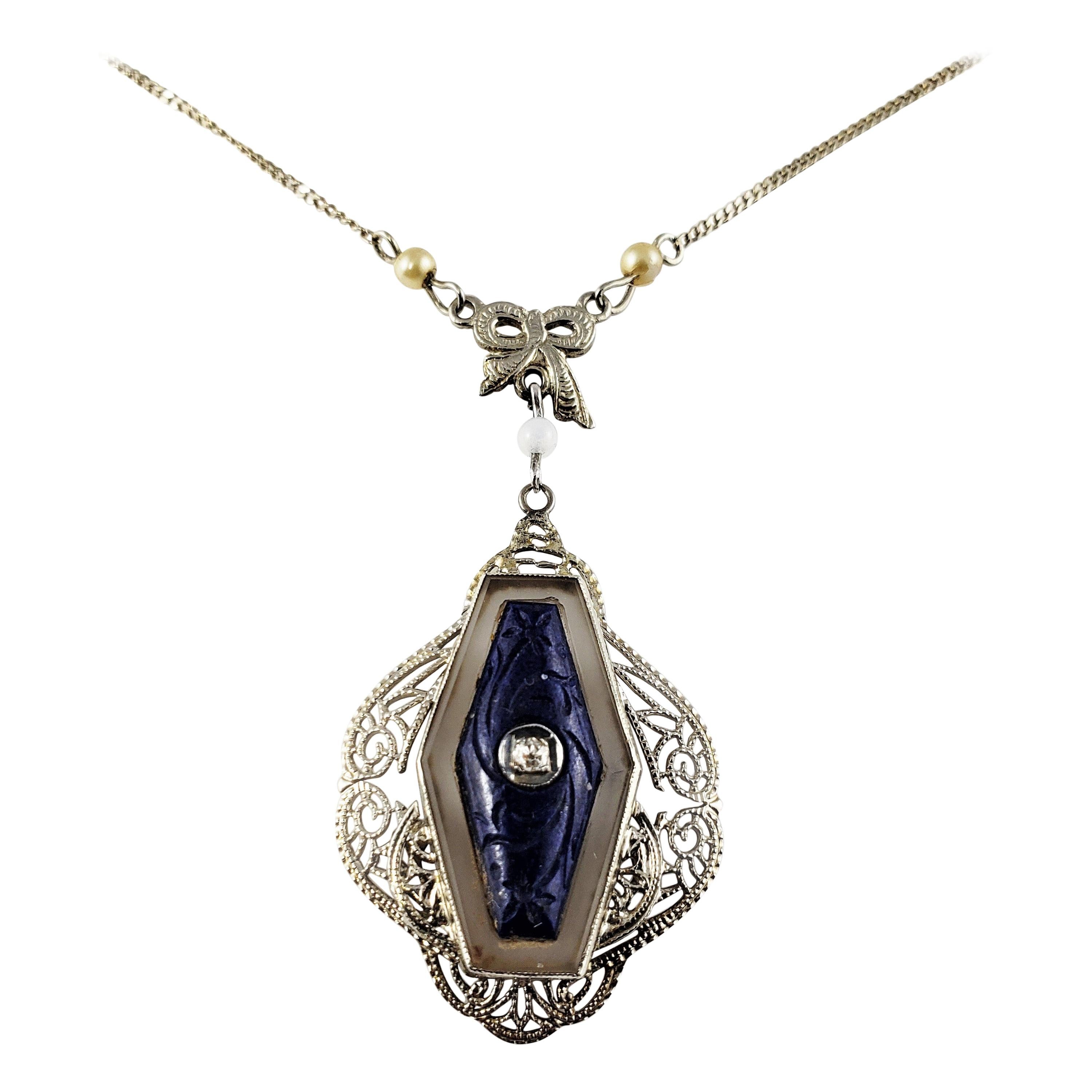 14 Karat White Gold Carved Lapis and Diamond Pendant Necklace