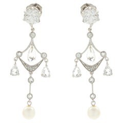 14 Karat White Gold Chandelier Diamond, White Sapphire, and Pearl Drop Earrings