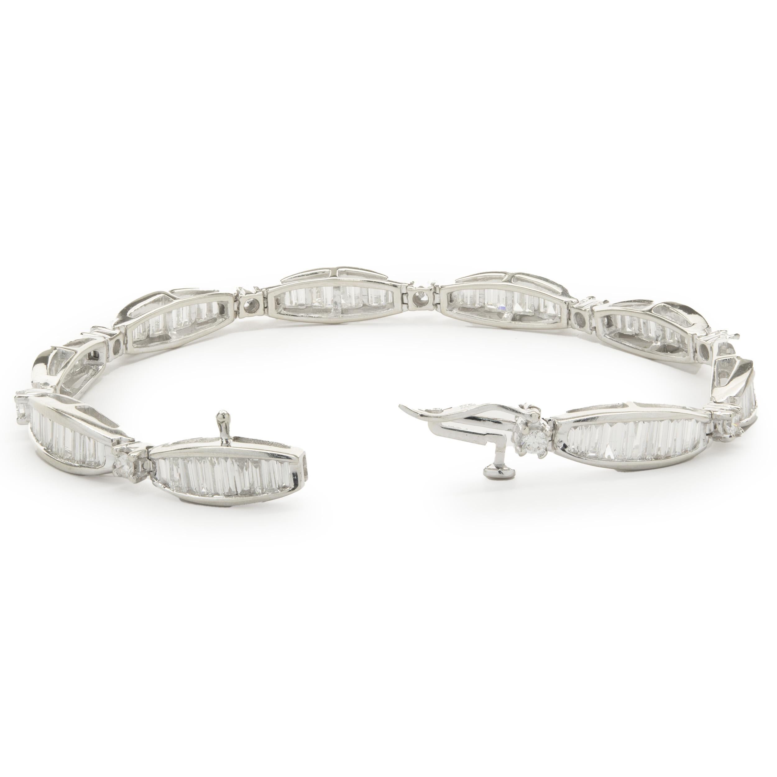 Baguette Cut 14 Karat White Gold Channel Set Baguette Diamond Link Bracelet For Sale