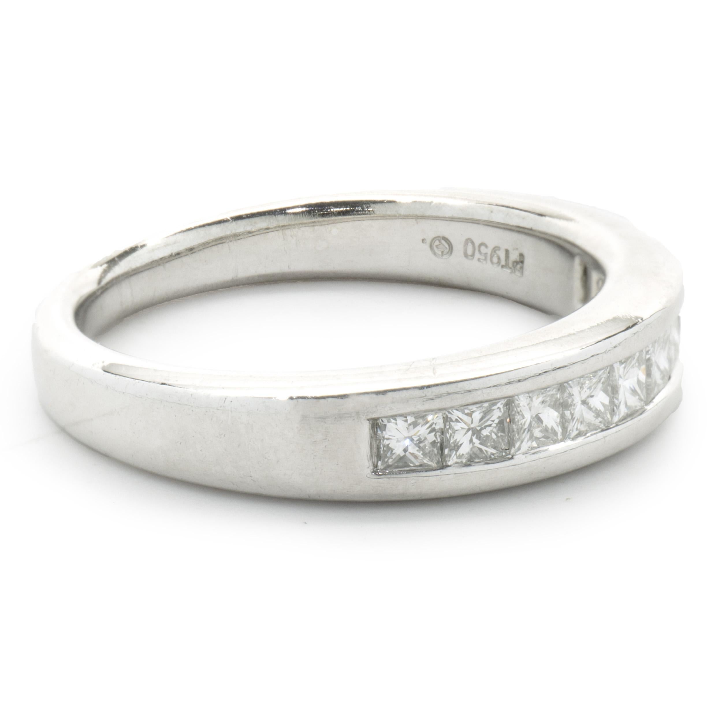 Designer: Custom
Material: 14K white gold
Diamonds: 10 princess cut = 0.30cttw
Color: I
Clarity: SI1-2
Size: 6 sizing available 
Dimensions: ring measures 4mm in width
Weight: 6.91 grams