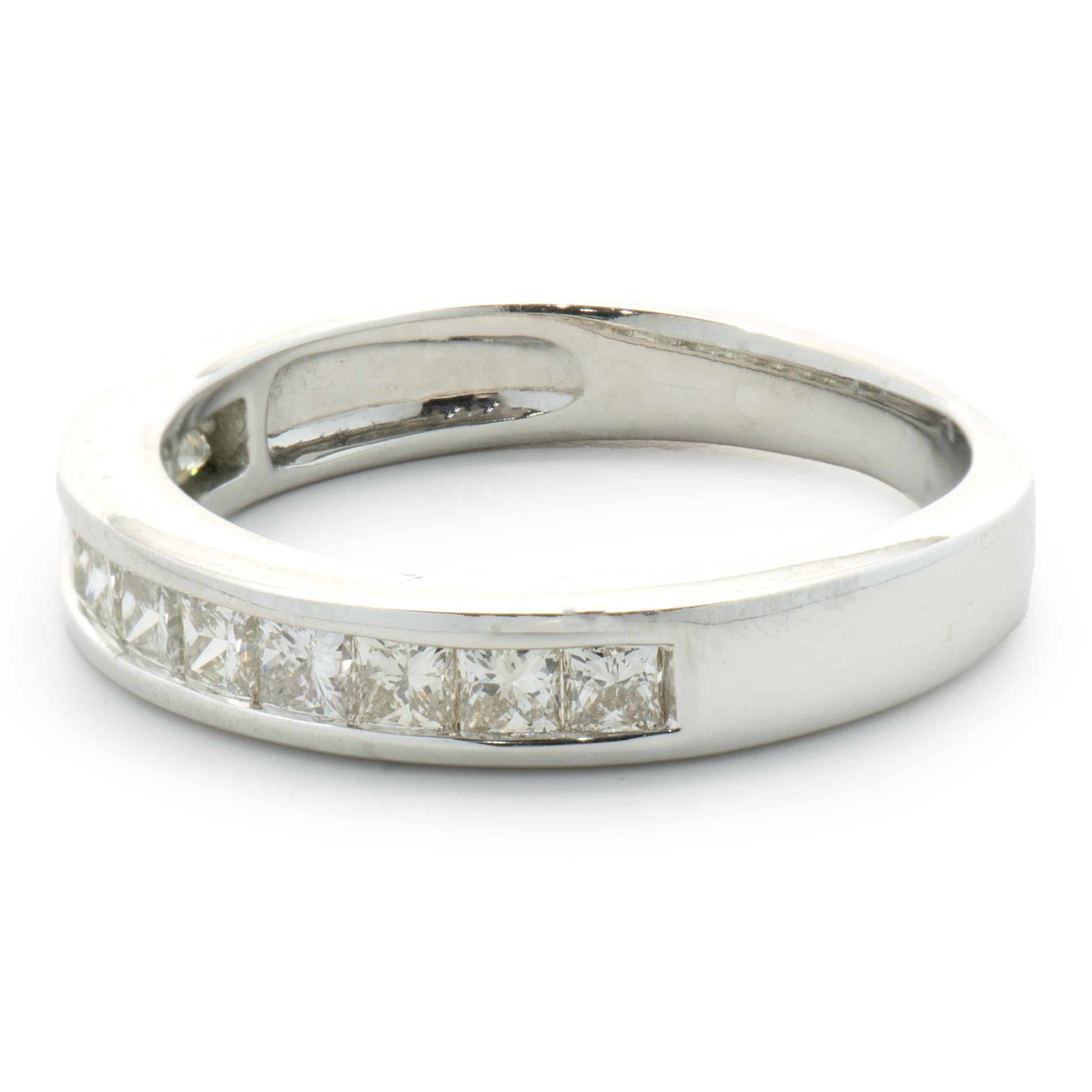 Designer: Custom
Material: 14K white gold
Diamonds: 11 princess cut = 0.55cttw
Color: H
Clarity: SI1
Size: 6 sizing available 
Dimensions: ring measures 3mm in width
Weight: 3.25 grams