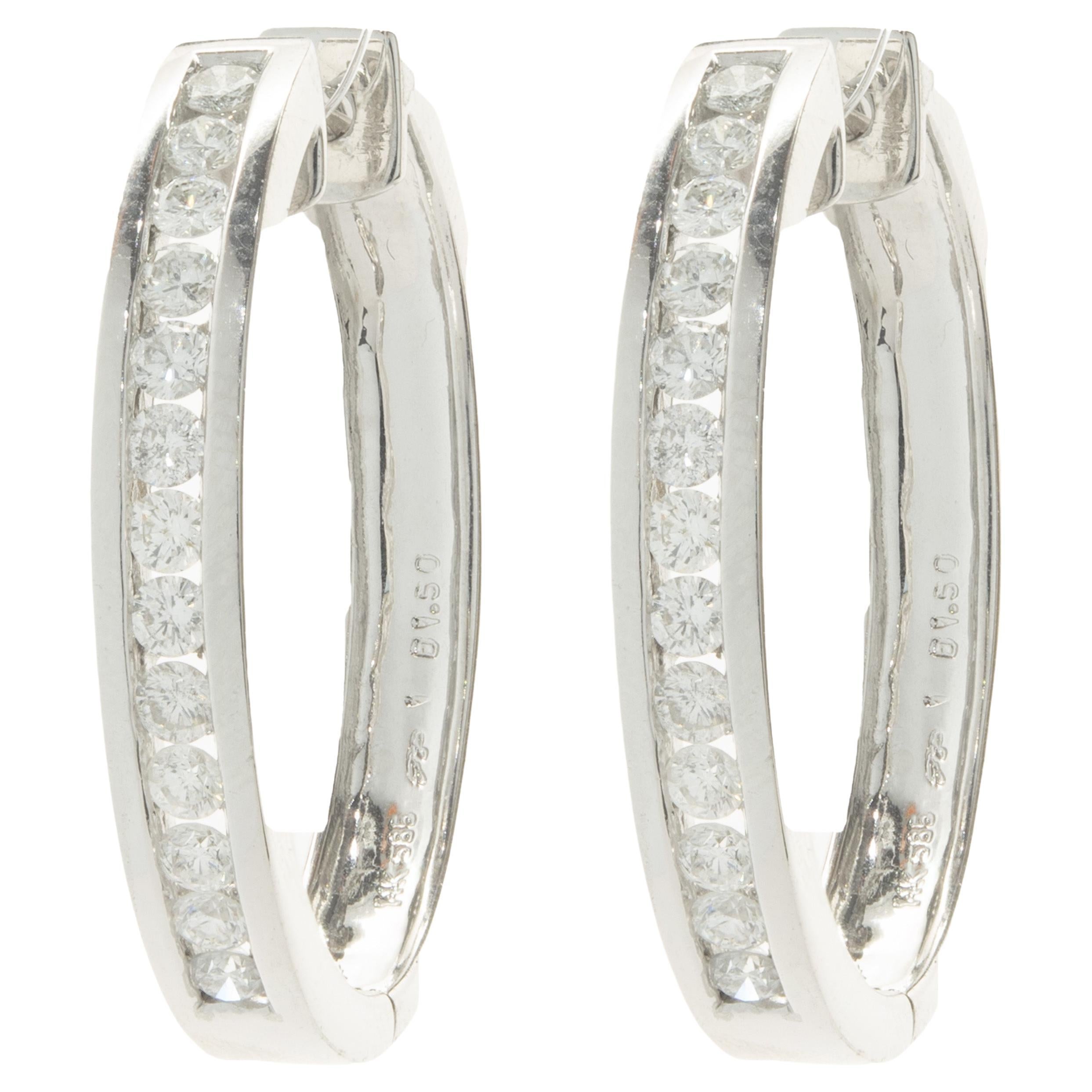 14 Karat White Gold Channel Set Diamond Hoop Earrings For Sale