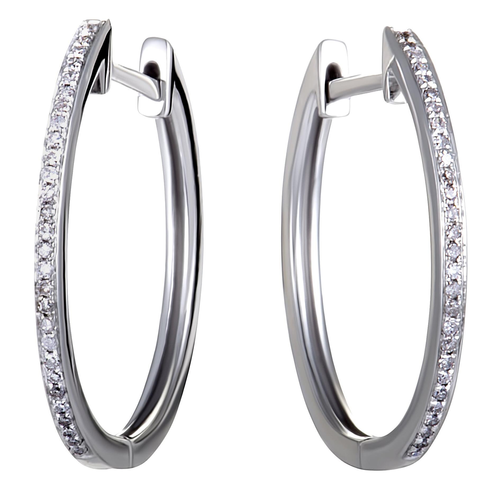 14 Karat White Gold Channel Set Diamond Hoop Huggies Earrings .10 Carat