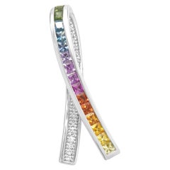 14k White Gold Channel Set Rainbow Sapphire and Diamond Ribbon Slide Pendant