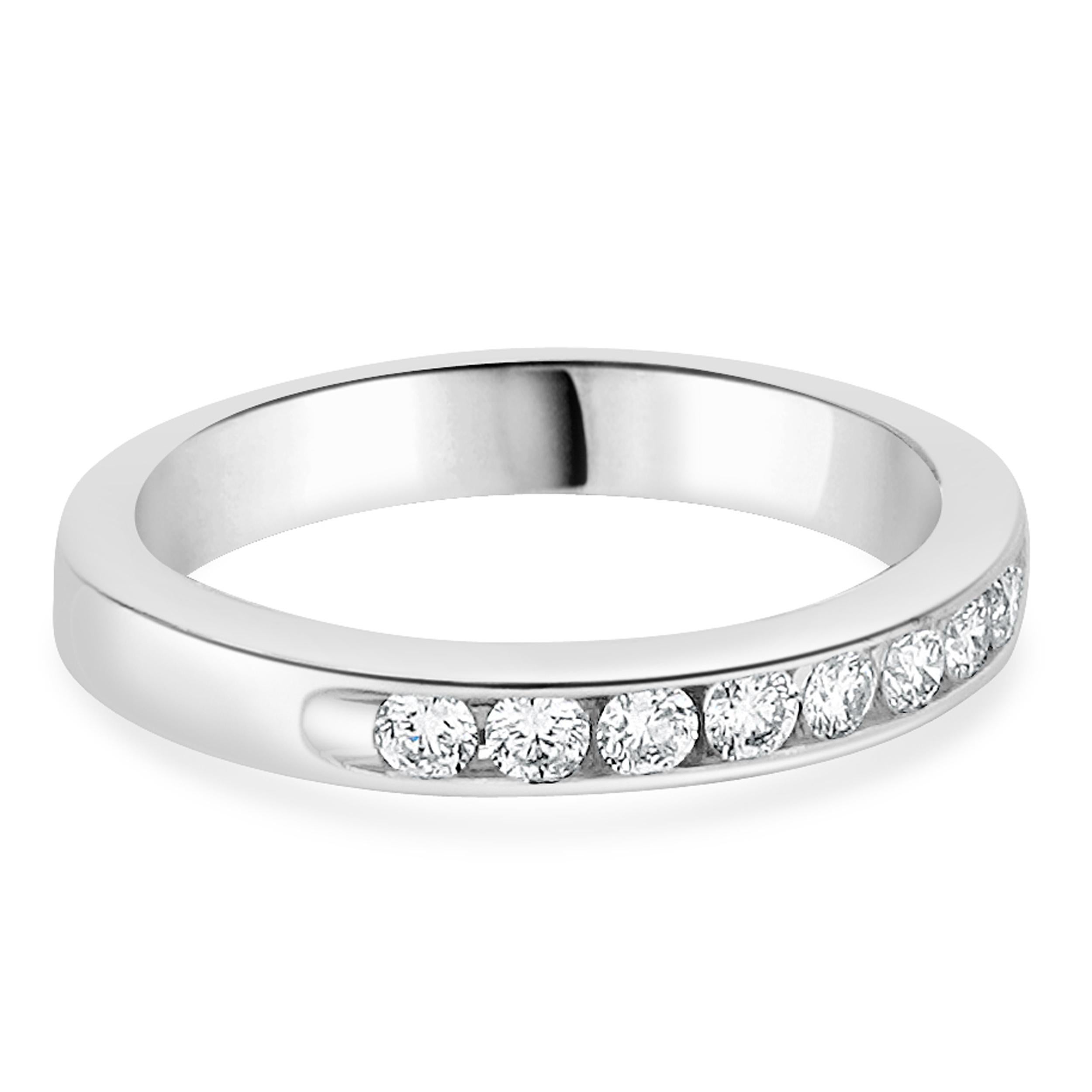 Designer: custom
Material: 14K white gold
Diamond: 10 round brilliant cut = 0.30cttw
Color: H
Clarity: SI1
Ring size: 3 (please allow two additional shipping days for sizing requests)
Dimensions: ring top measures 2.70mm
Weight: 2.39 grams
