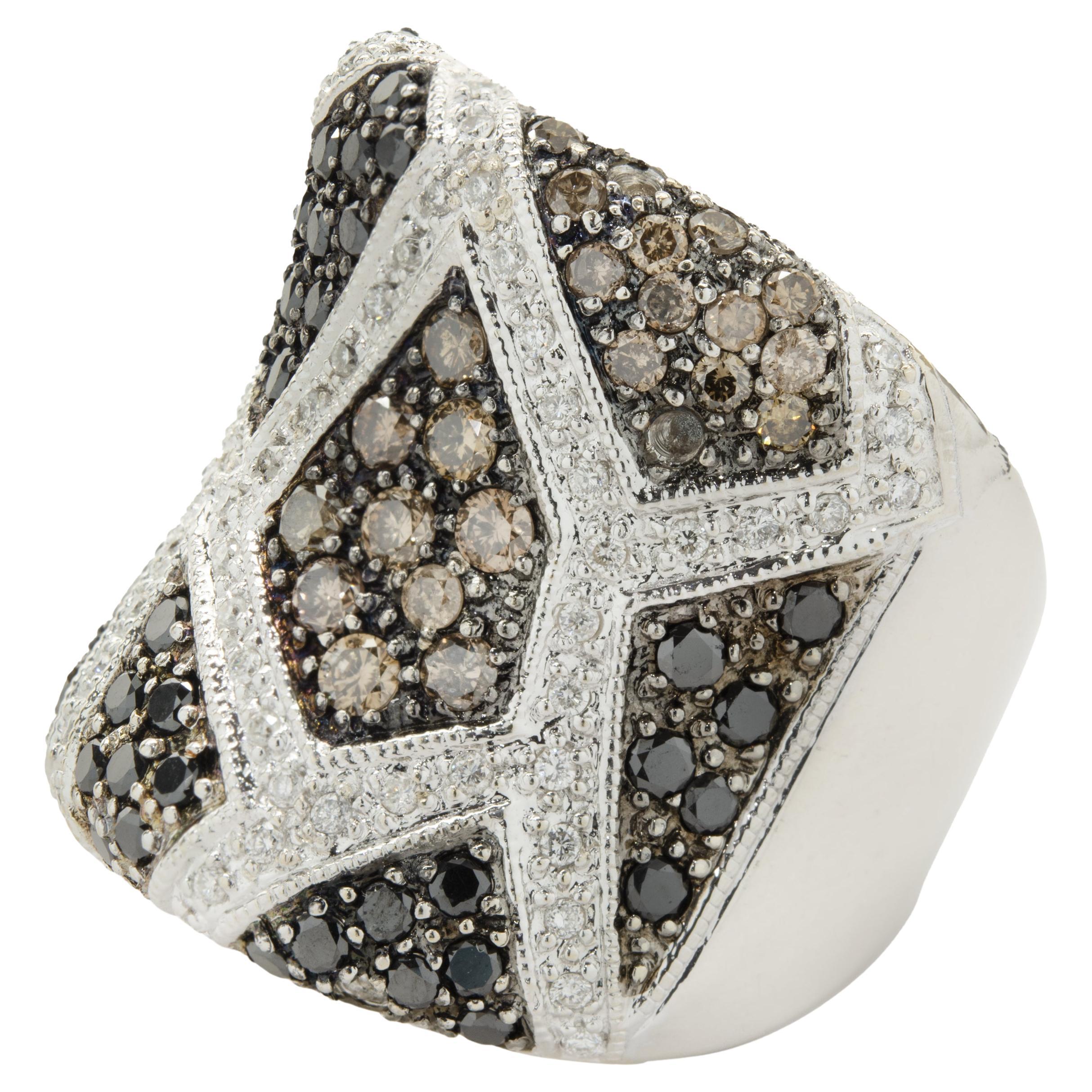 Designer: custom
Material: 14K white Gold
Diamond: 84 round brilliant cut = 1.00cttw
Color: Chocolate / Black
Clarity: SI2
Diamond: 70 round brilliant cut = 0.90cttw
Color: G
Clarity: SI1
Ring size: 9.5 (please allow two additional shipping days for