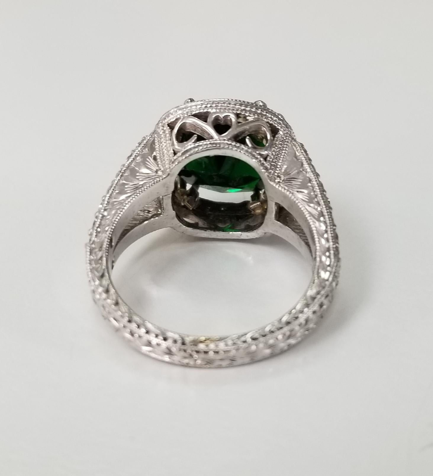 Art Deco 14 Karat White Gold Chrome Diopside and Diamond Ring For Sale