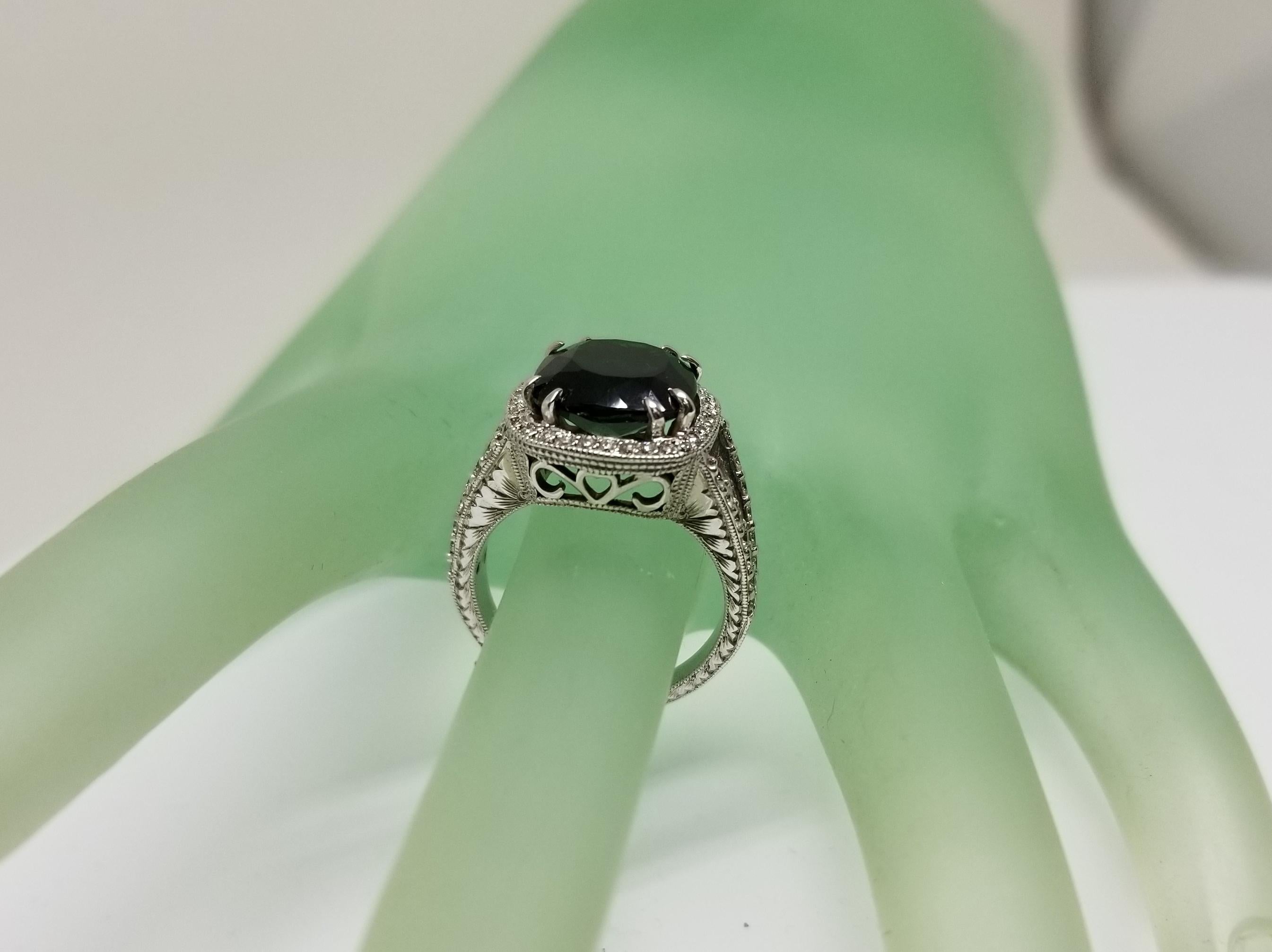 Women's or Men's 14 Karat White Gold Chrome Diopside and Diamond Ring For Sale