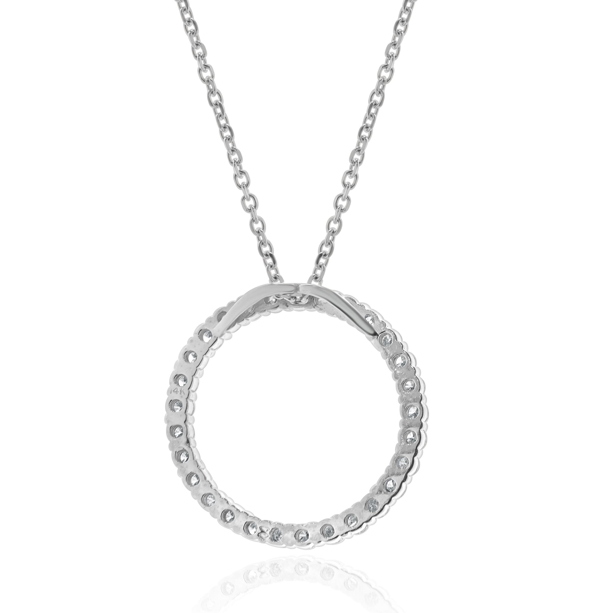 Round Cut 14 Karat White Gold Circle Diamond Pendant Necklace For Sale