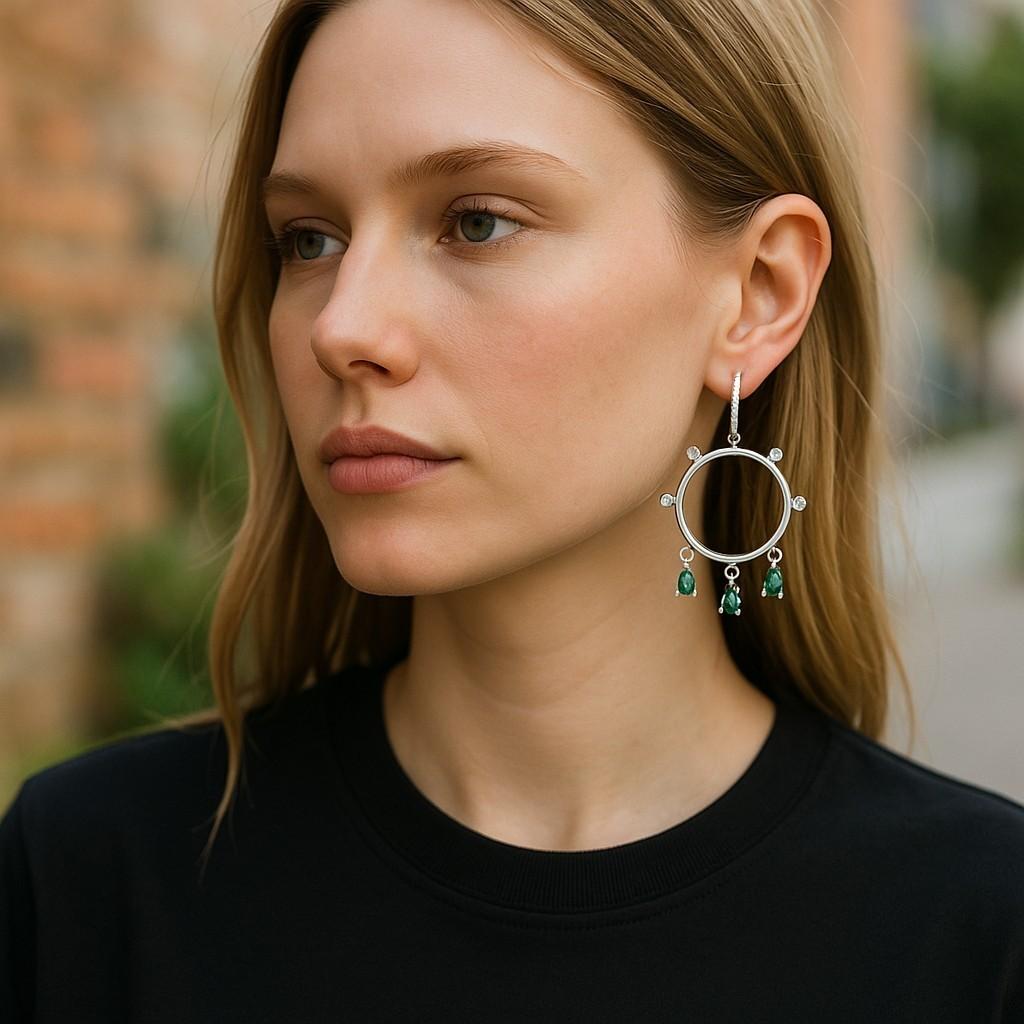 Pear Cut 14 Karat White Gold Circle Hoop 1.65 Inch Earrings with Emeralds and Diamonds For Sale