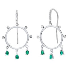 14 Karat White Gold Circle Hoop 1.65 Inch Earrings with Emeralds and Diamonds