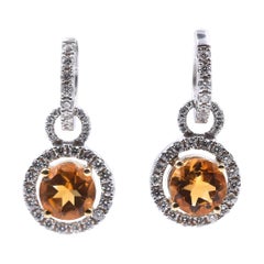 14 Karat White Gold Citrine and Diamond Drop Earrings