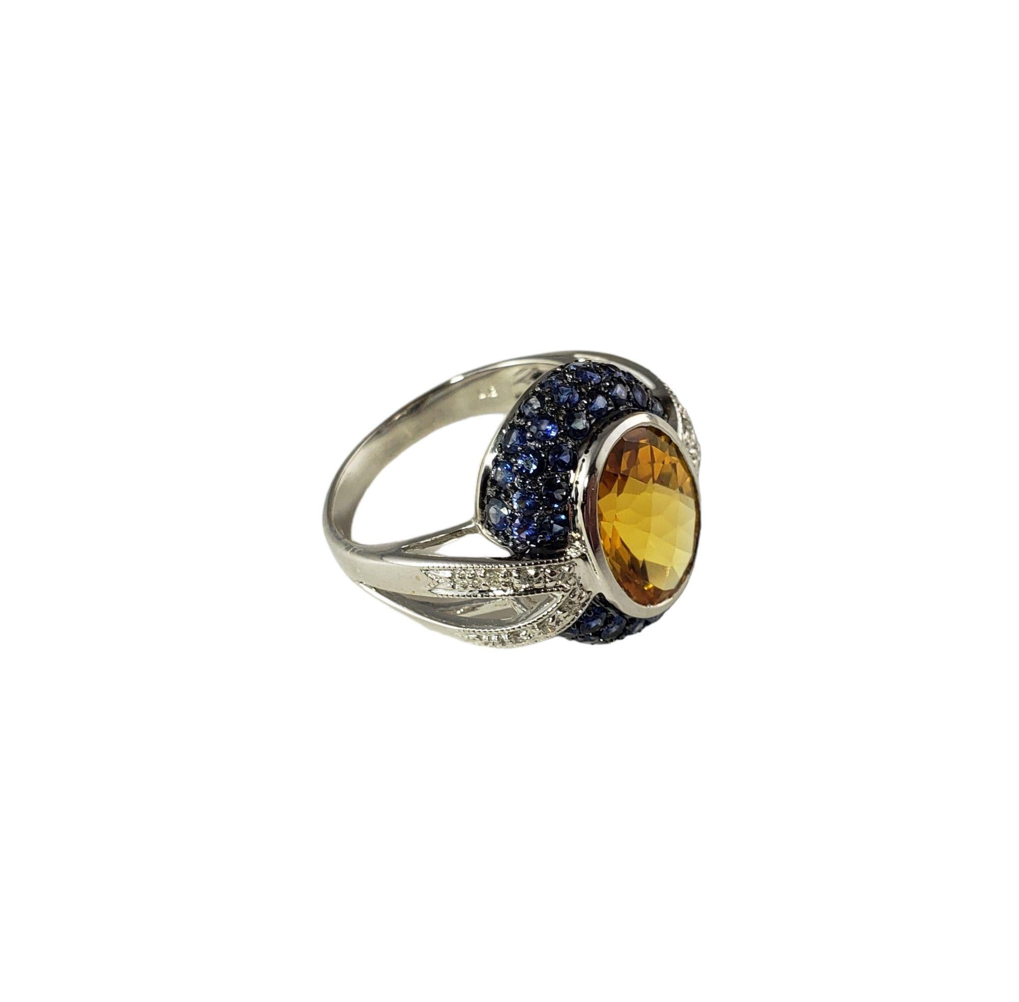 14 Karat White Gold Citrine, Diamond and Sapphire Ring #13913 In Good Condition For Sale In Washington Depot, CT