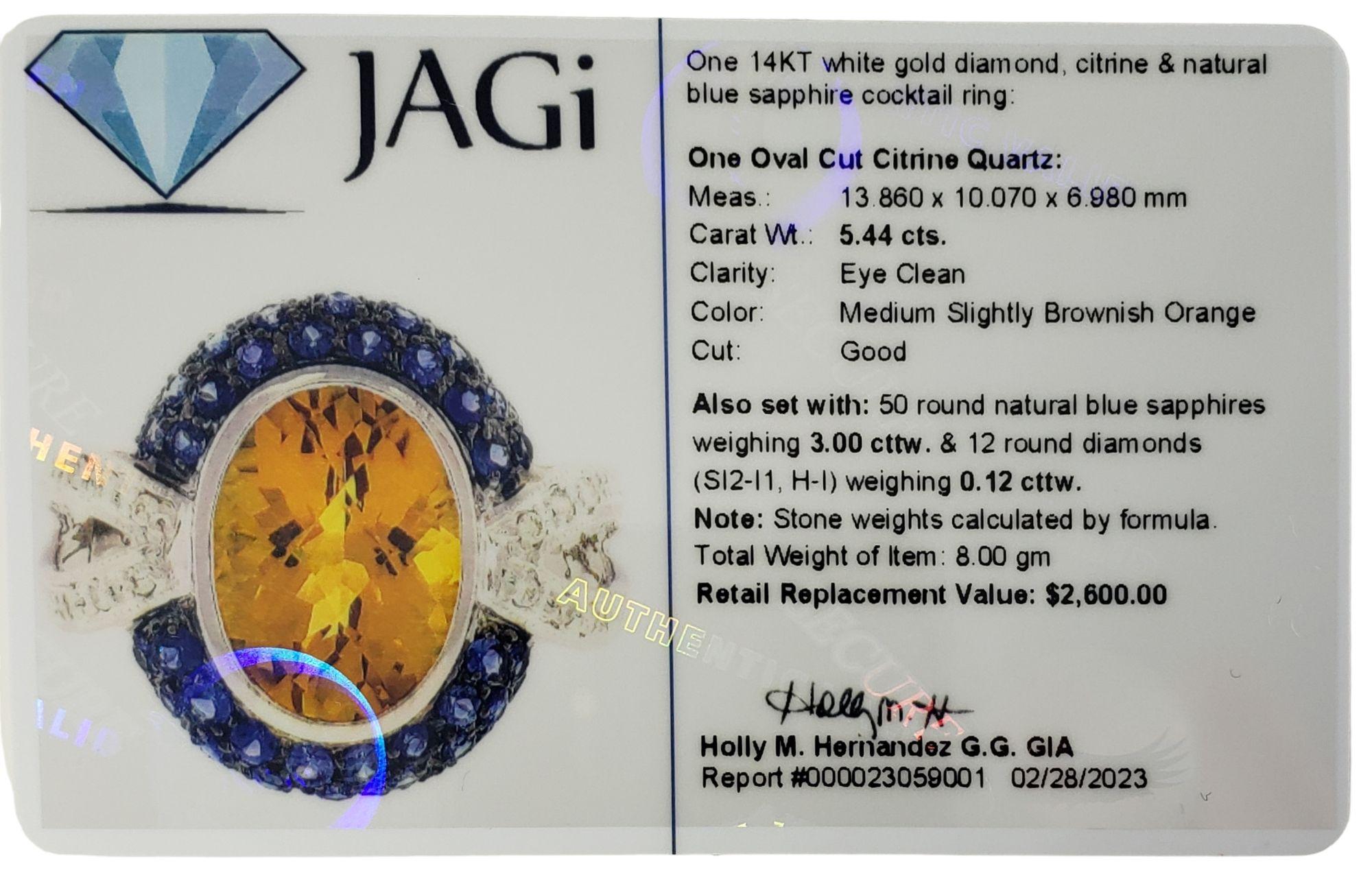 14 Karat White Gold Citrine, Diamond and Sapphire Ring #13913 For Sale 1