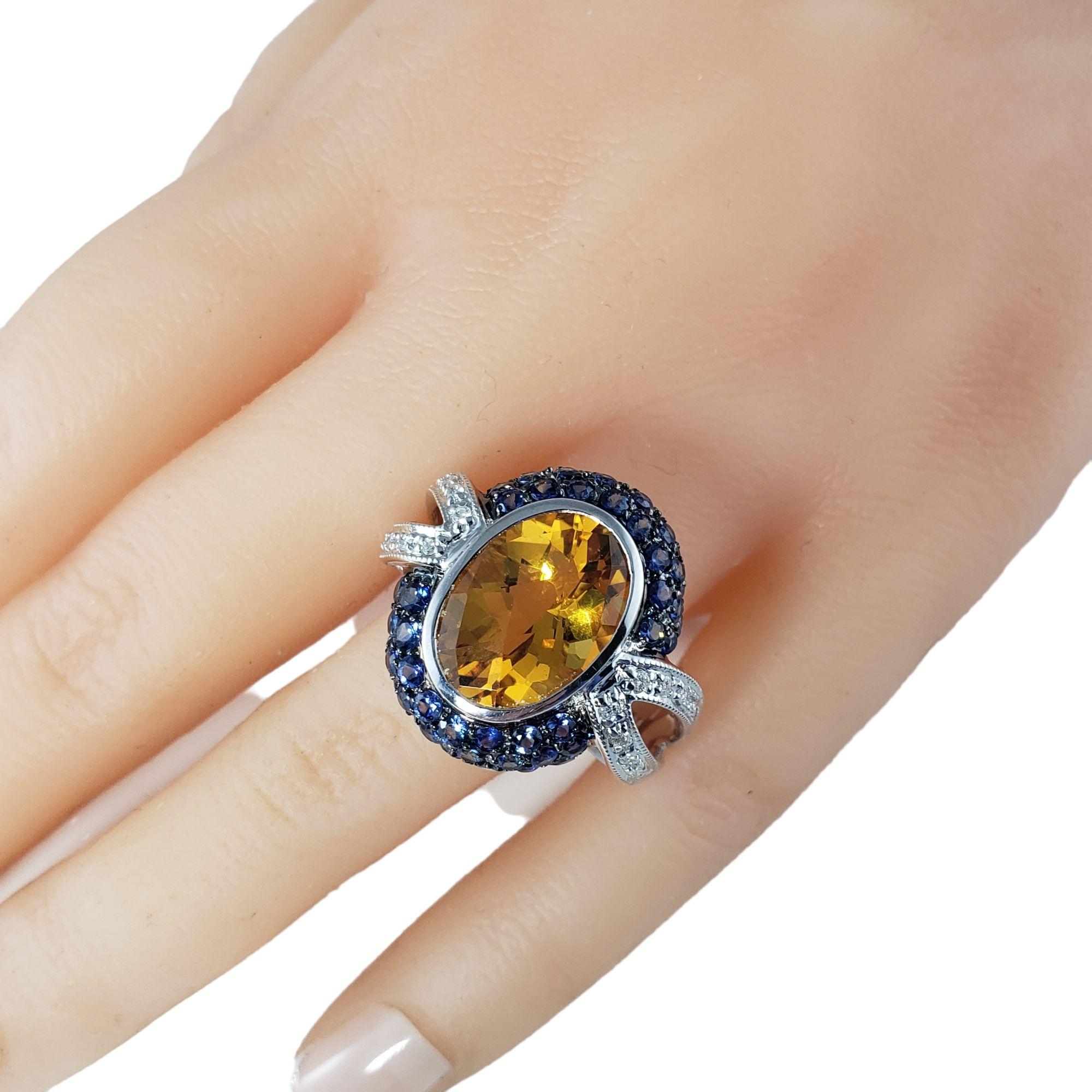 14 Karat White Gold Citrine, Diamond and Sapphire Ring #13913 For Sale 2