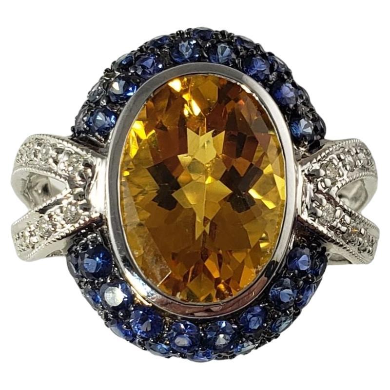 14 Karat White Gold Citrine, Diamond and Sapphire Ring #13913 For Sale