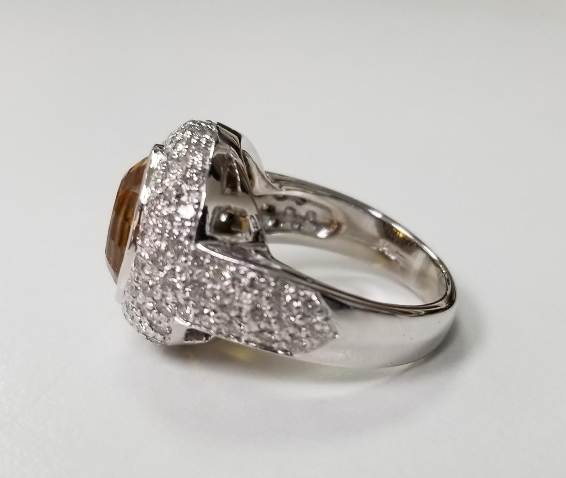 Art Deco 14 Karat White Gold Citrine Topaz and Diamond Pave' Ring For Sale
