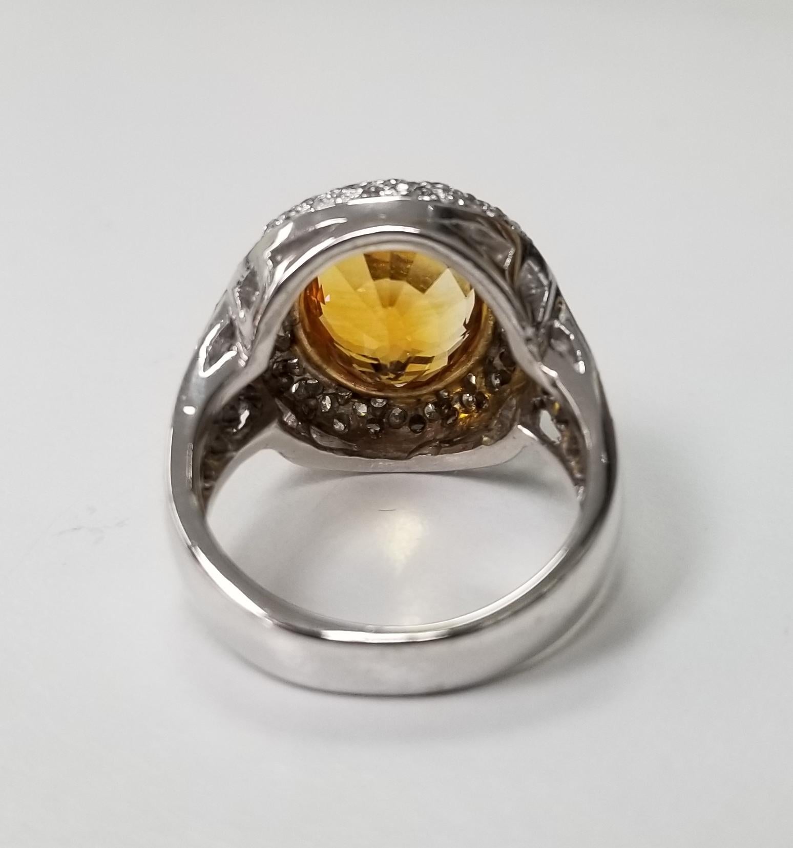Oval Cut 14 Karat White Gold Citrine Topaz and Diamond Pave' Ring For Sale