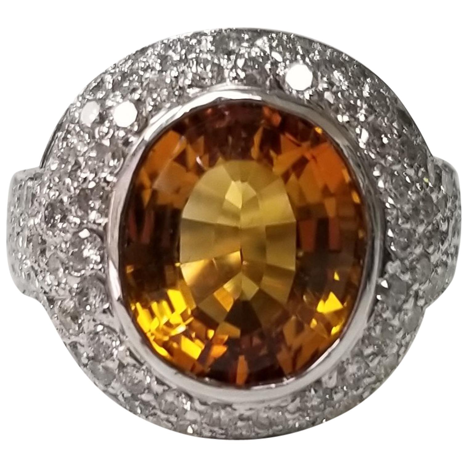 14 Karat White Gold Citrine Topaz and Diamond Pave' Ring For Sale