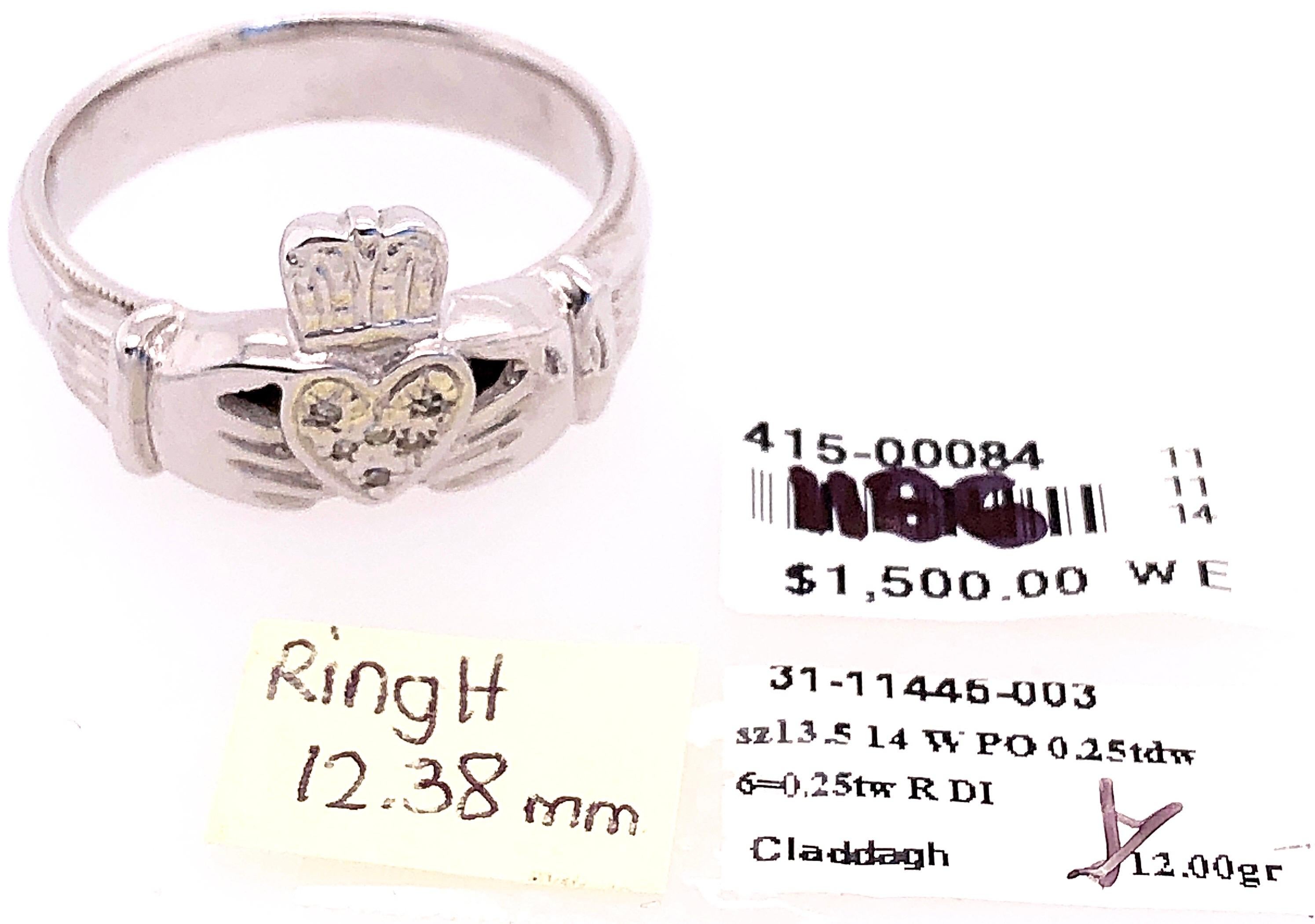 Women's or Men's 14 Karat White Gold Claddagh Diamond Ring For Sale