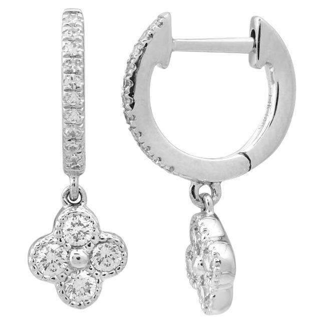 14 Karat White Gold Clover Dangle Diamond Huggie Hoop Earrings For Sale