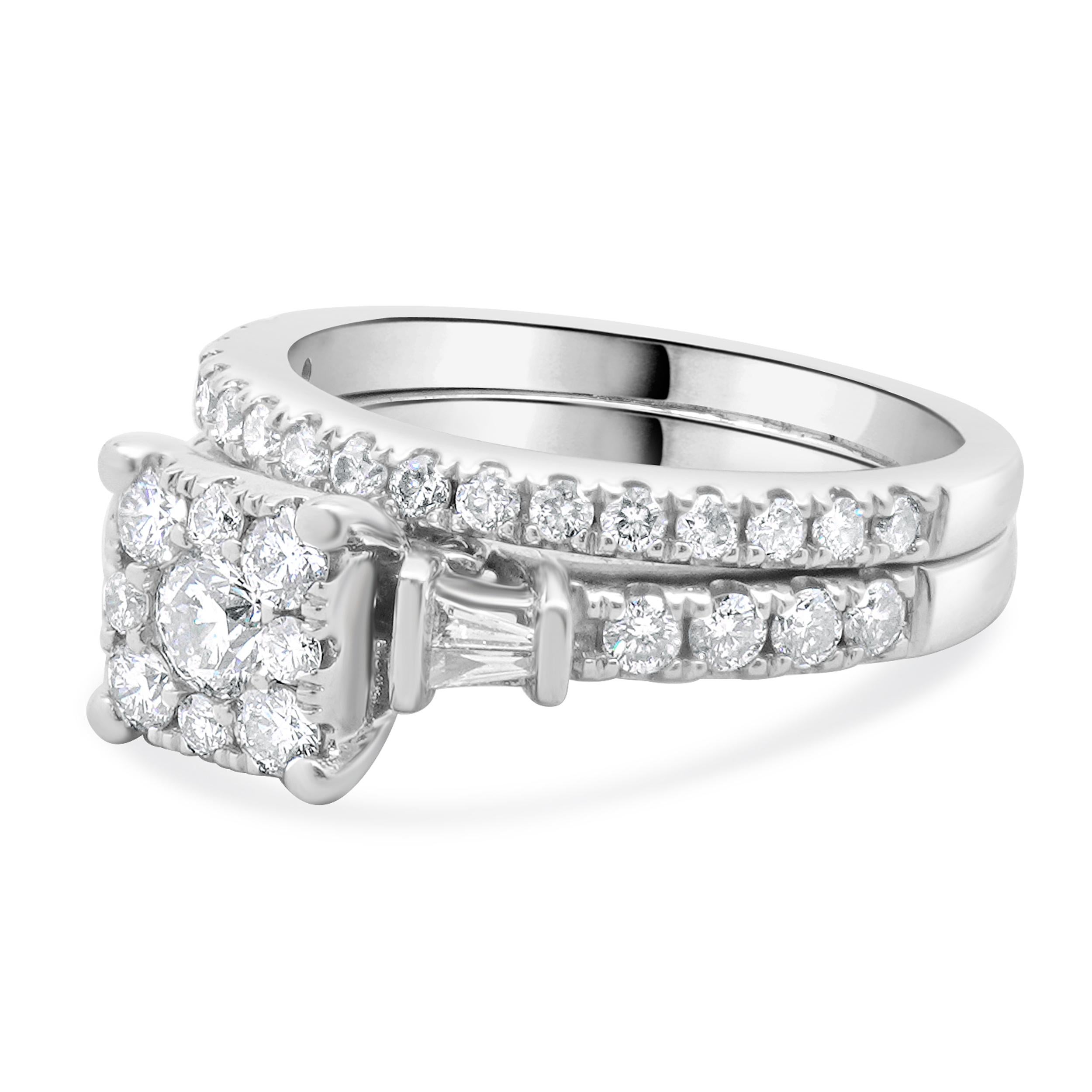 Designer: custom
Material: 14K white gold
Center Diamond: 44 round & baguette cut = 0.98cttw
Color : I
Clarity : SI2-I1
Size: 5 complimentary sizing available 
Weight: 5.78 grams