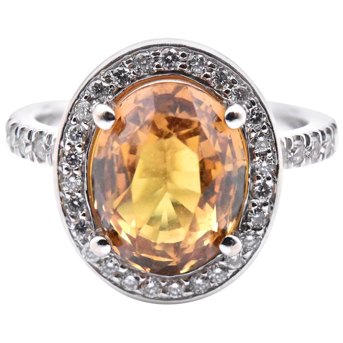 Ring aus 14 Karat Weißgold mit cognacfarbenem Saphir und Diamant im Angebot