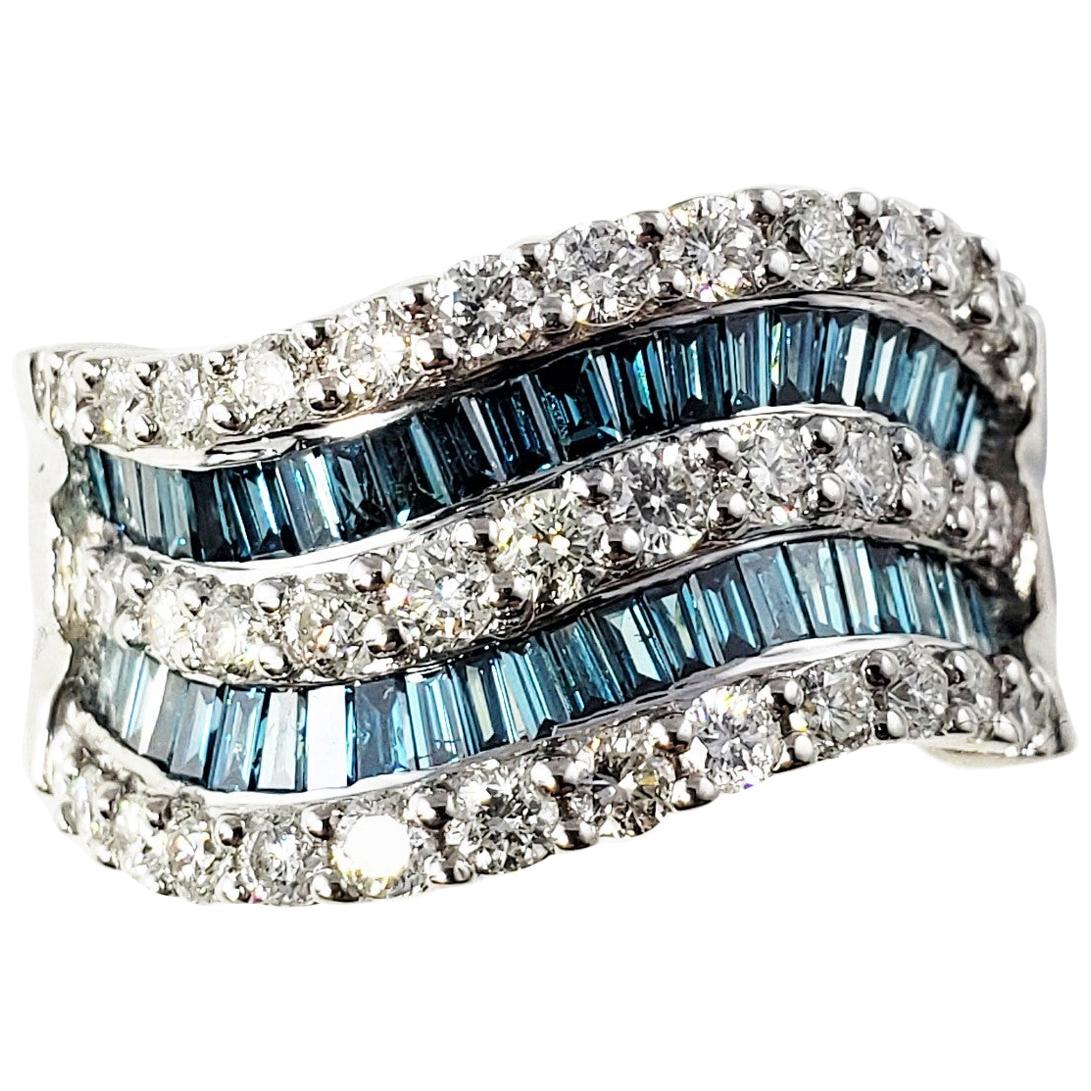 14 Karat White Gold Color Treated Blue and White Diamond Band Ring