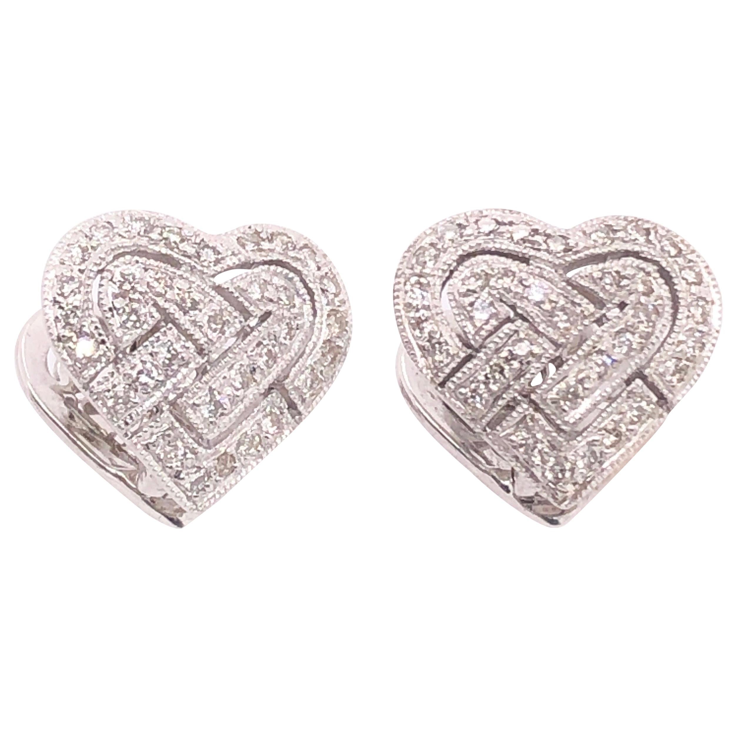 14 Karat White Gold Contemporary Heart Earrings with Diamonds For Sale