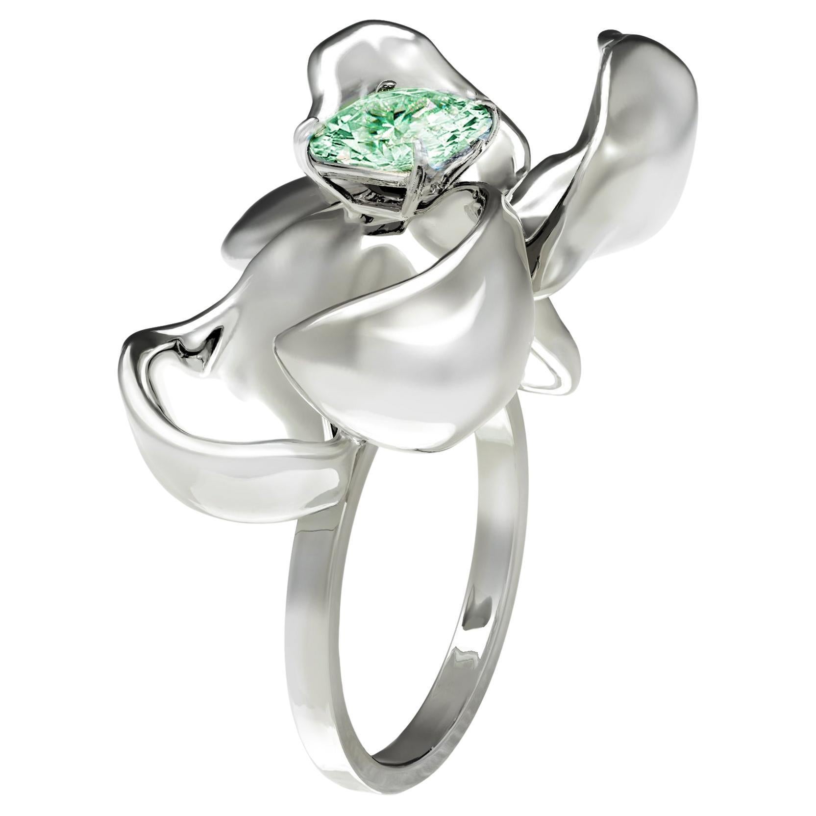 14 Karat White Gold Contemporary Ring with Light Green Sapphire