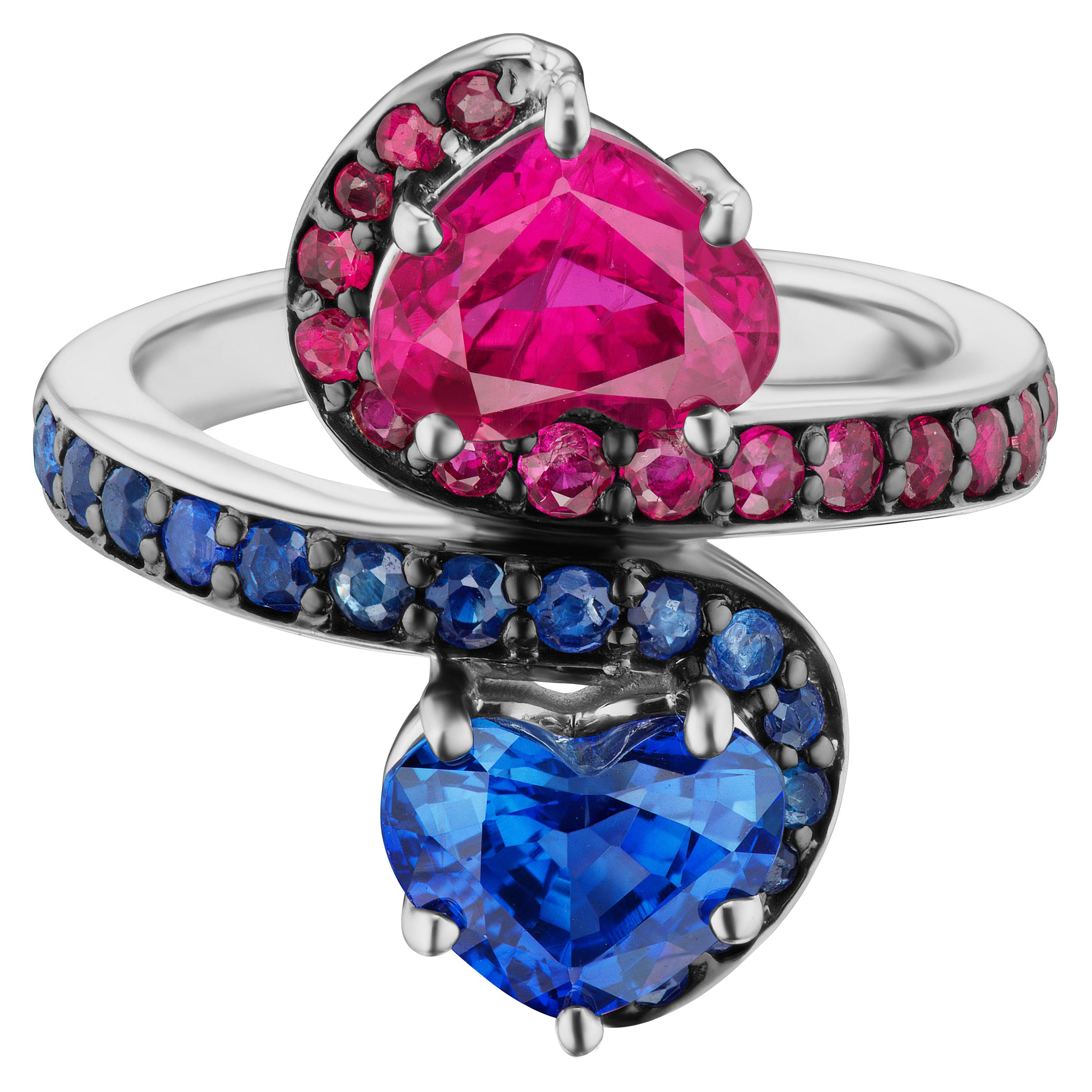14 Karat White Gold Contrarie Ruby and Sapphire Heart Cocktail Ring For Sale