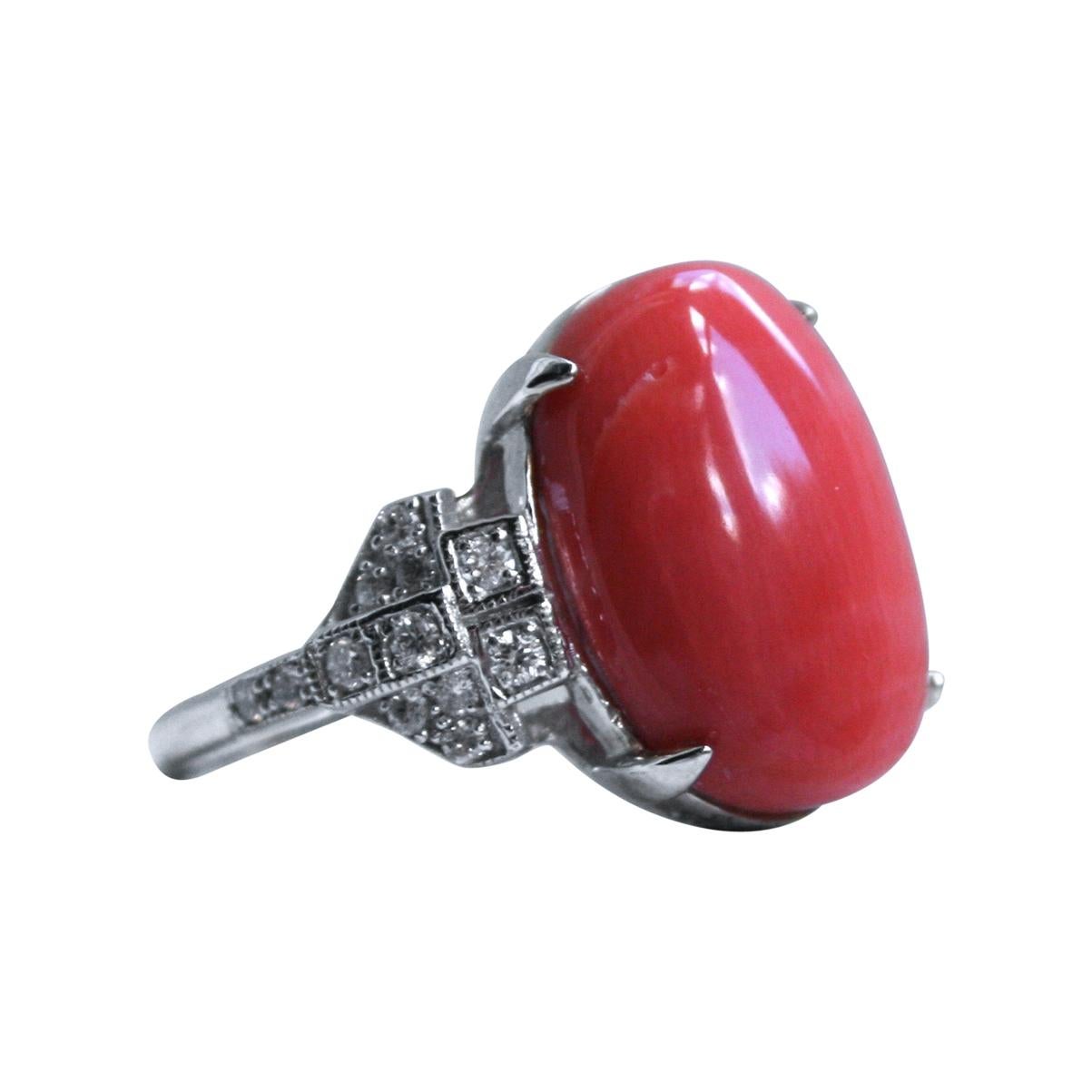 14 Karat White Gold Coral and Diamond Buckle Ring Engagement Ring For Sale
