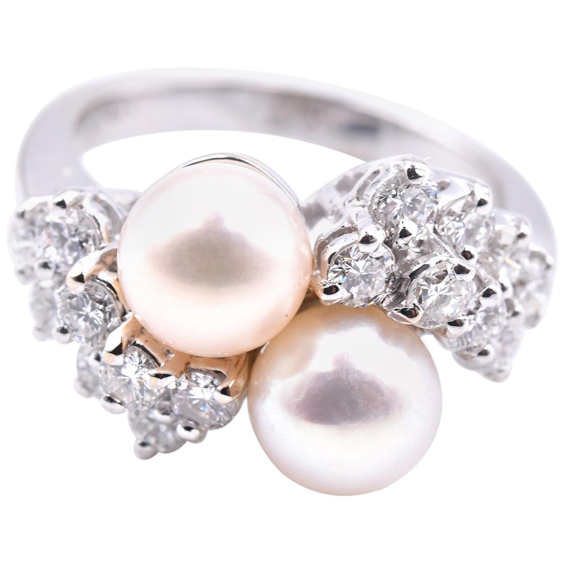 14 Karat White Gold Cultured Akoya Pearl and Diamond Ring