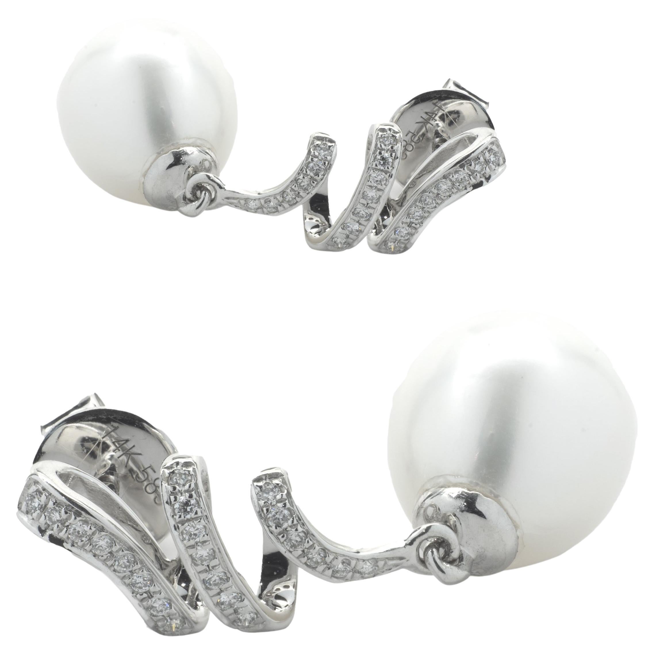 14 Karat White Gold Cultured Freshwater Pearl and Diamond Drop Earrings For Sale