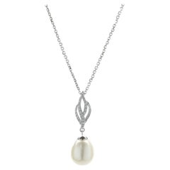 14 Karat White Gold Cultured Freshwater Pearl and Diamond Drop Necklace