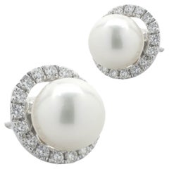 14 Karat White Gold Cultured Freshwater Pearl Studs with Diamond Jackets