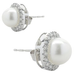 14 Karat White Gold Cultured Freshwater Pearl Studs with Diamond Jackets