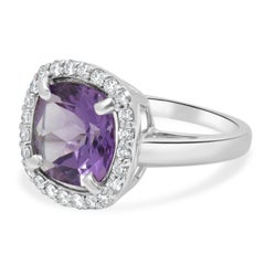 14 Karat White Gold Cushion Cut Amethyst and Round Diamond Halo Ring