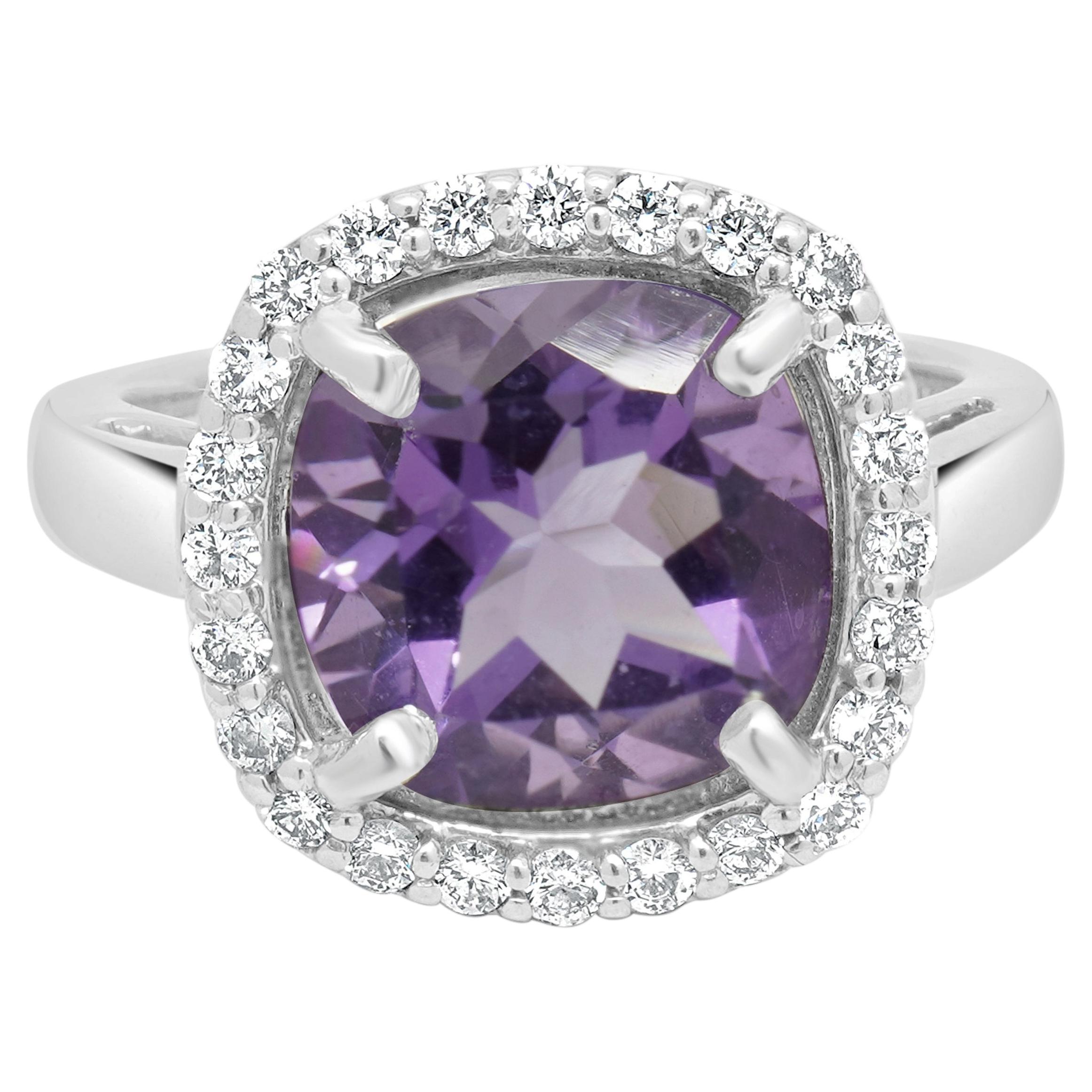 14 Karat White Gold Cushion Cut Amethyst and Round Diamond Halo Ring For Sale