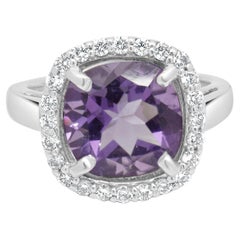 14 Karat White Gold Cushion Cut Amethyst and Round Diamond Halo Ring