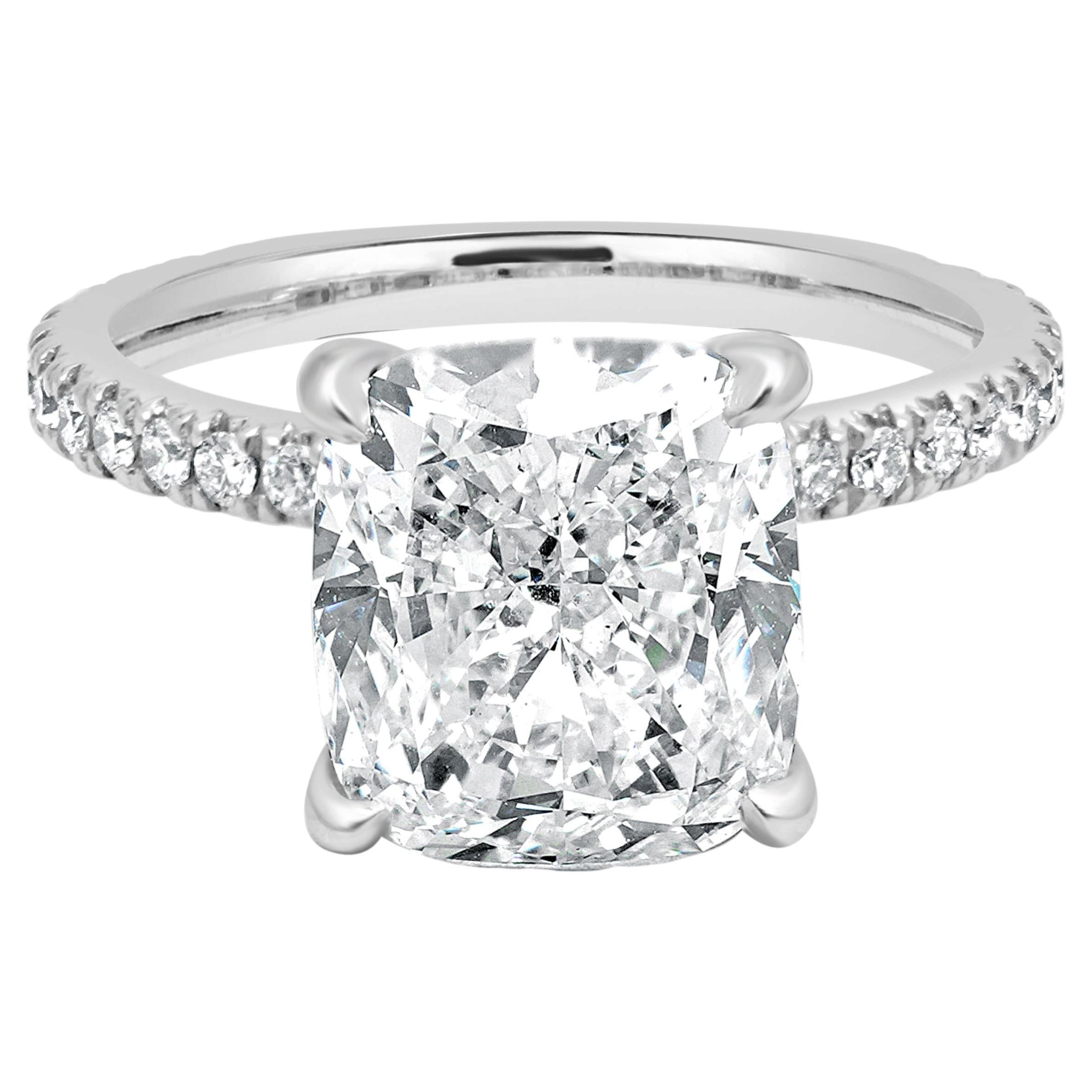 14 Karat White Gold Cushion Cut and Round Diamond Hidden Halo Engagement Ring