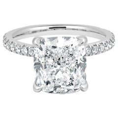 14 Karat White Gold Cushion Cut and Round Diamond Hidden Halo Engagement Ring