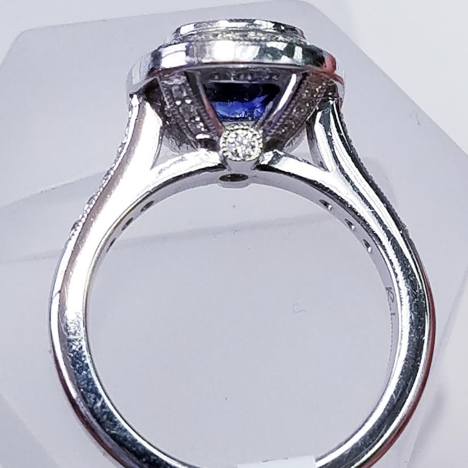 Contemporary 14 Karat White Gold Cushion Cut Blue Sapphire and Diamond Ring  15840