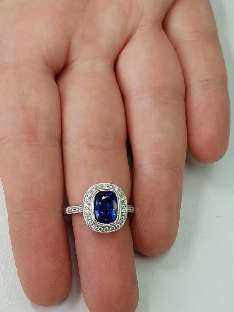 14 Karat White Gold Cushion Cut Blue Sapphire and Diamond Ring  15840 In New Condition In Great Neck, NY