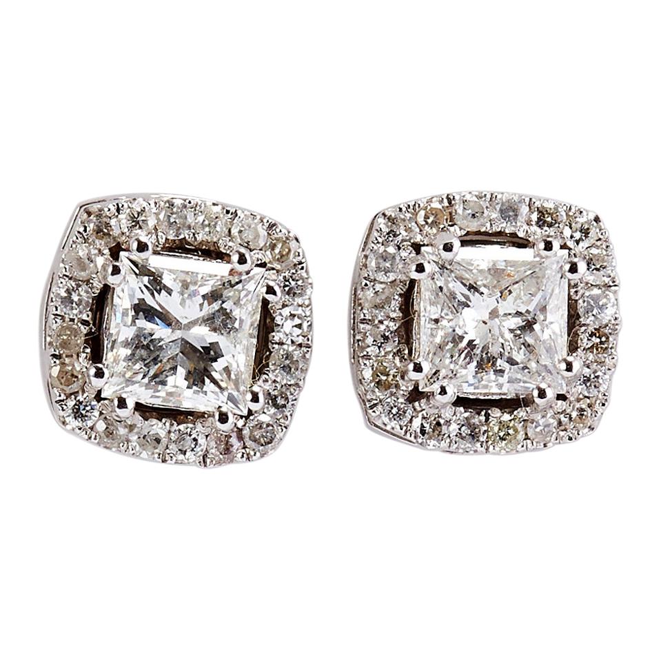 14 Karat White Gold Princess Cut Diamond Earrings with a Halo For Sale