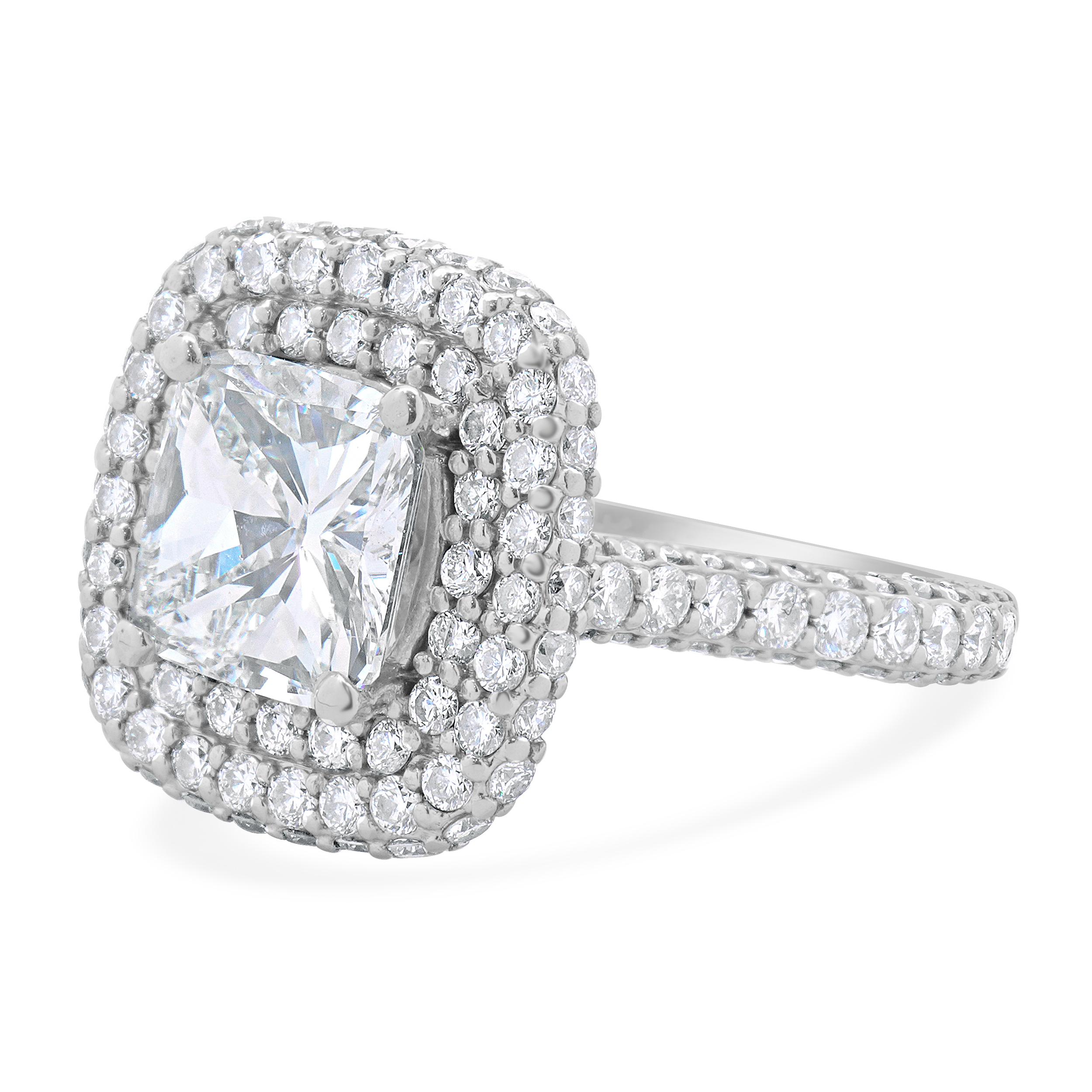 Designer: custom
Material: 14K white gold
Diamond: 1 cushion cut = 2.00ct
Color: I
Clarity: VS1
GIA: 7173475235
Diamond: 98 round brilliant cut = 1.50cttw
Color: H
Clarity: SI1-2
Dimensions: ring top measures 14.1mm wide
Ring Size: 4.75