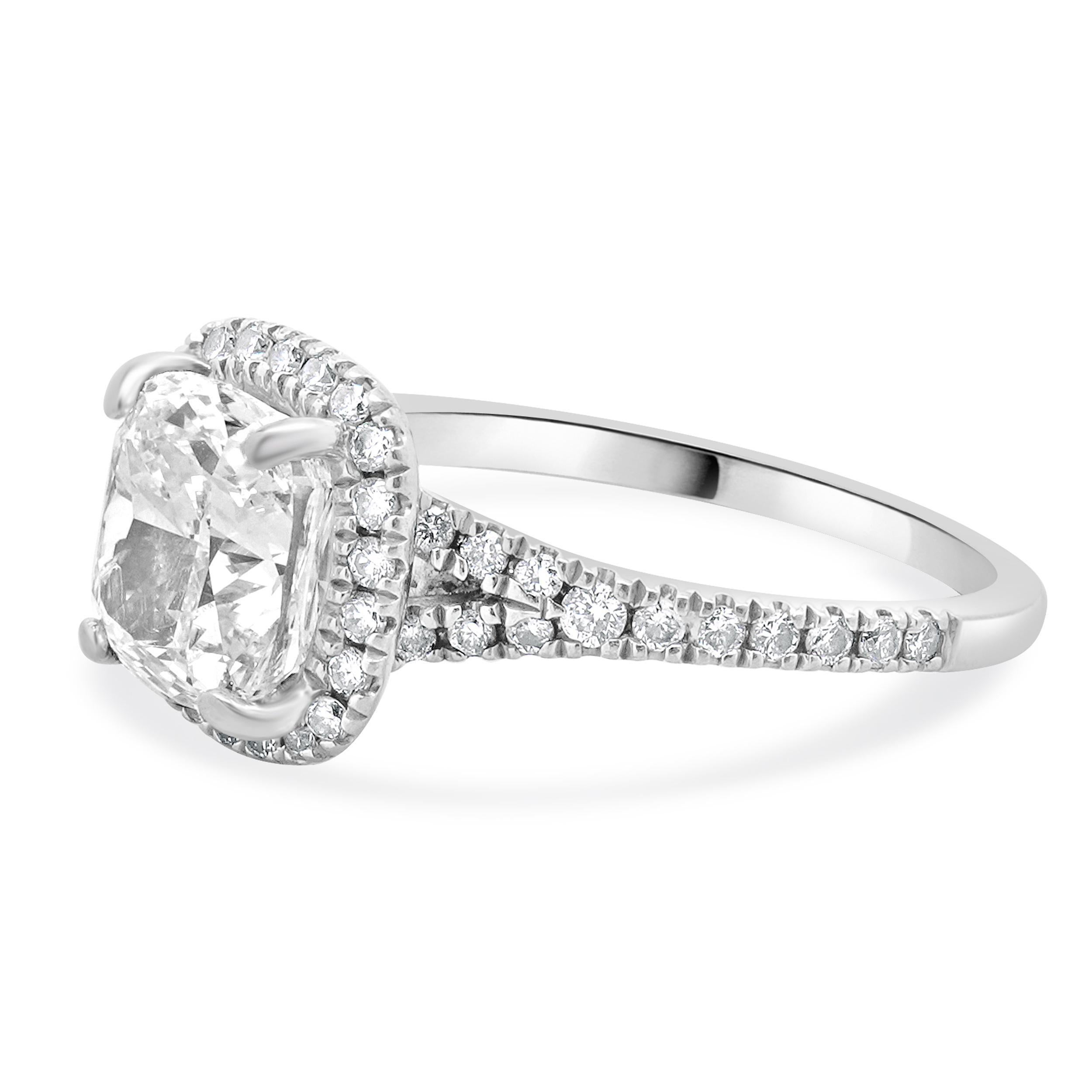 Designer: custom
Material: 14K white gold
Center Diamond: 1 cushion cut = 2.20ct
Color : I
Clarity : VS2
GIA: 1298255995
Diamond: 48 round brilliant cut = 0.35cttw
Color: H
Clarity: SI1
Size: 5.75 complimentary sizing available 
Weight: 2.94 grams