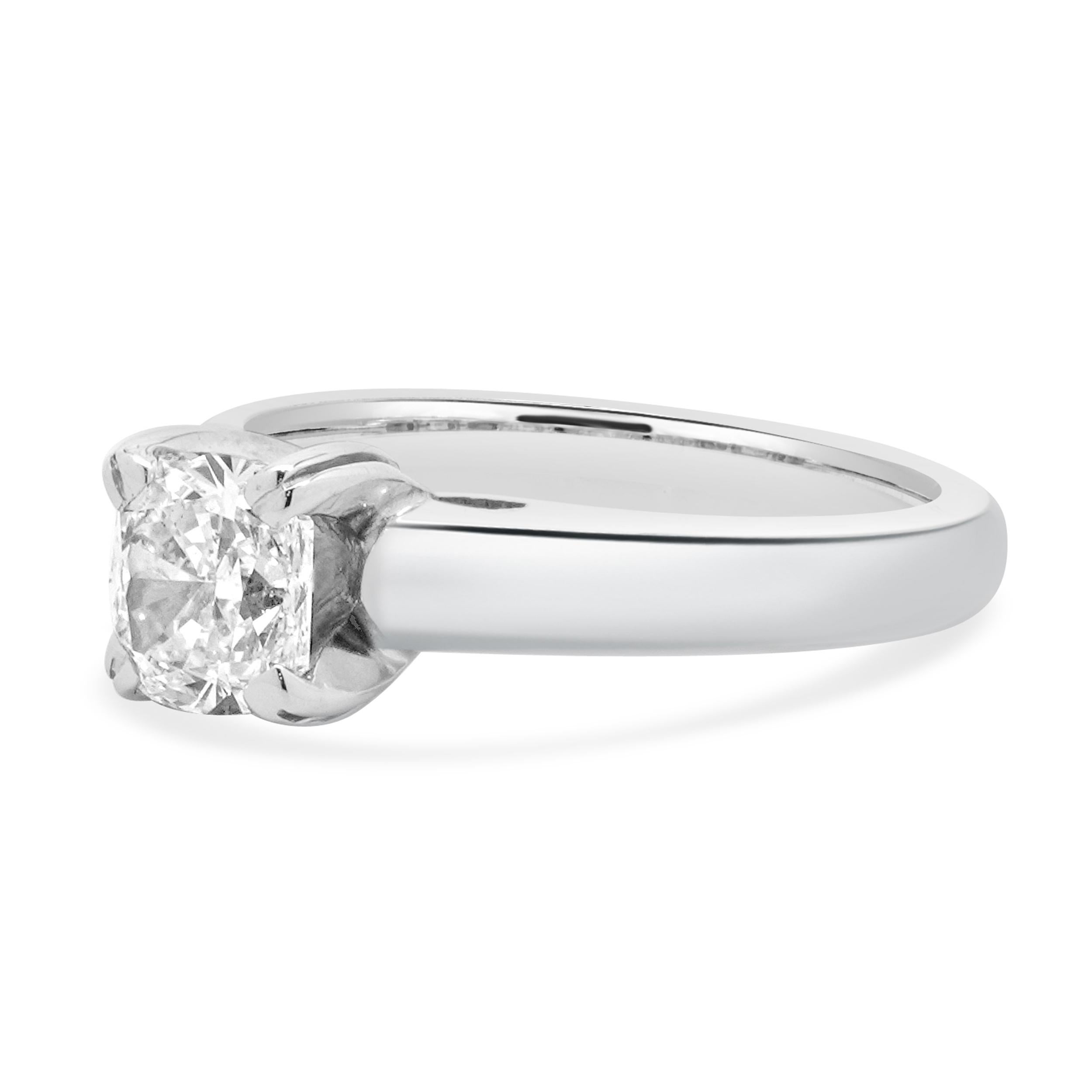 Material: 14K white gold
Center Diamond: 1 cushion cut = 0.91ct
Color: F
Clarity: SI1
GIA: 2117809566
Ring Size: 5 (please allow up to 2 additional business days for sizing requests)
Dimensions: ring top measure 6.2mm
Weight: 4.16 grams

