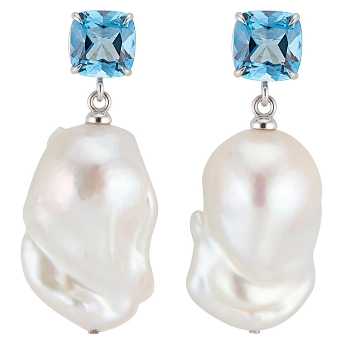 14 Karat White Gold Cushion Cut London Blue Topaz Baroque Pearl Earrings