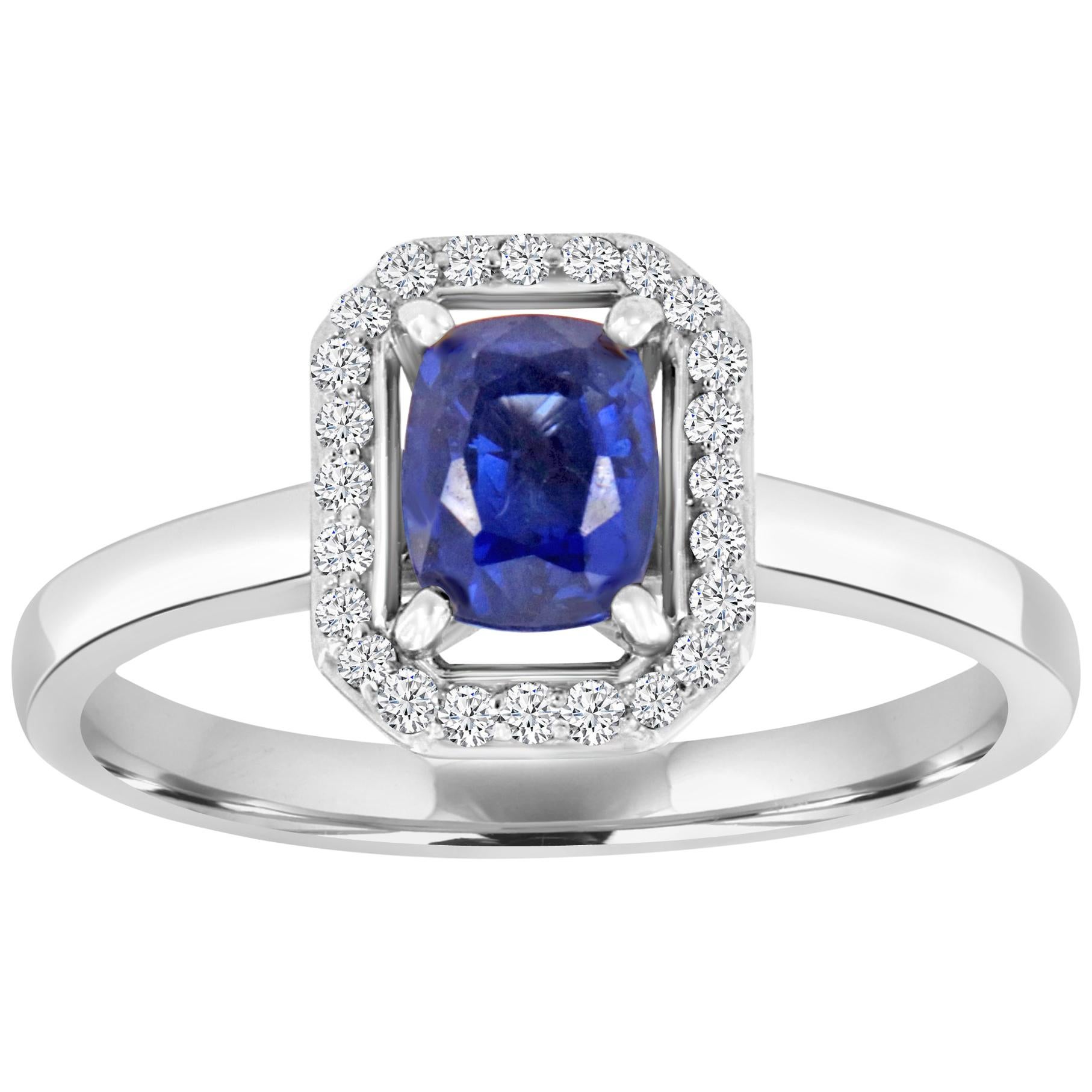 14 Karat White Gold Cushion Shape Blue Sapphire Halo Diamond Ring 'Center- 1.38' For Sale